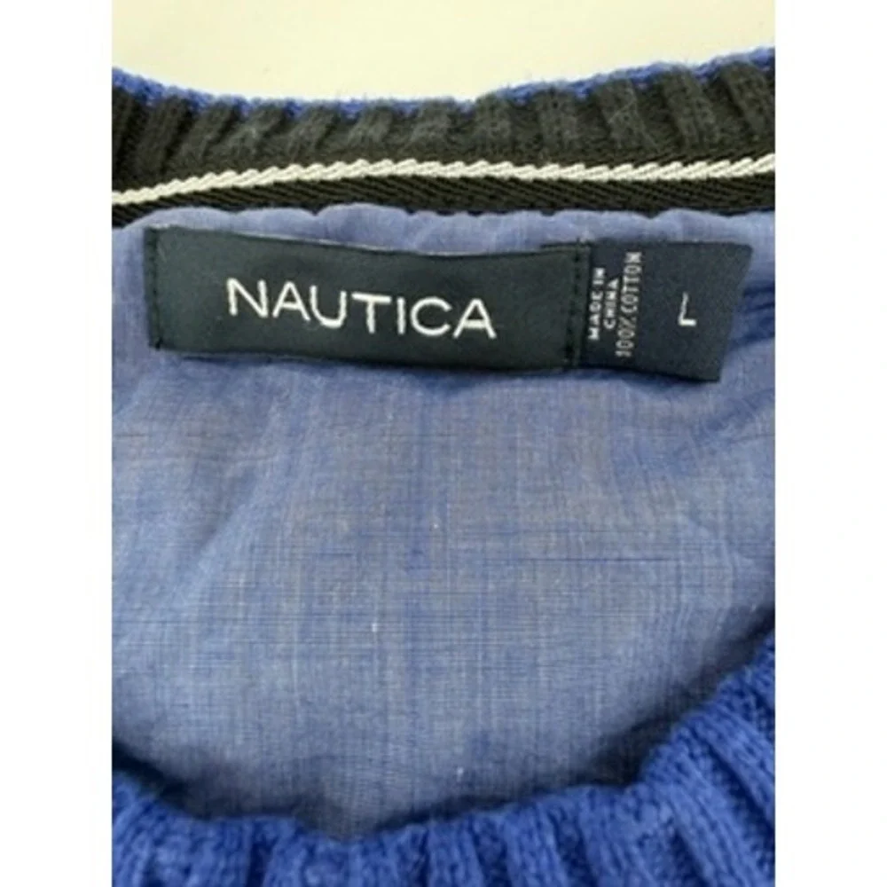 Nautica‎ Mens Royal Blue Cable Knit Cotton Crewneck Sweater Large Logo Pullover